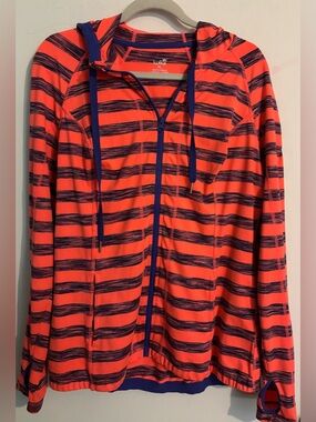 Lukka Womens XL Orange Blue Striped Full Zip Workout Hooded Jacket Run Walk Gym
